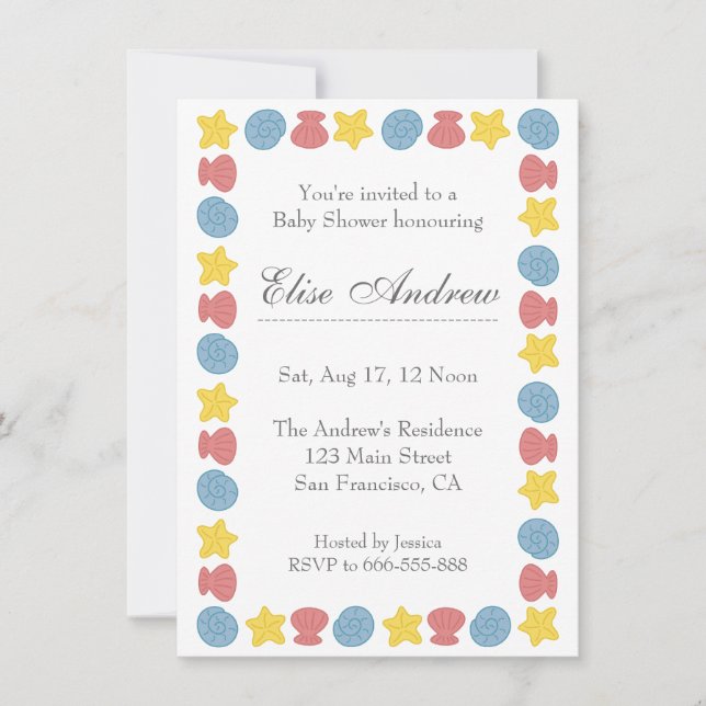 Invitation Fête de bébé thème coquillages colorés (Devant)