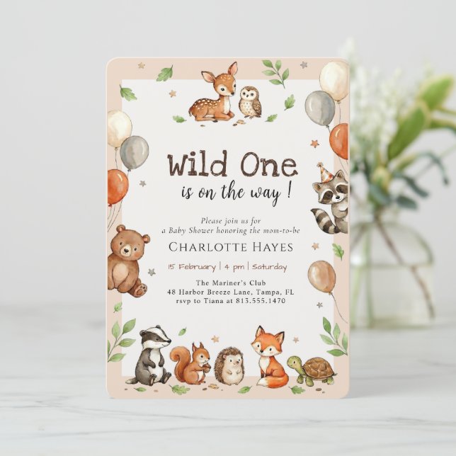 Invitation Fête de Bébé Thème Faune Sauvage Bois (Debout devant)