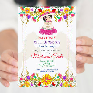 Invitation Fête de bébé thème floral mexicain coloré or 