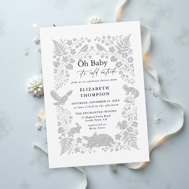 Invitation Fête de Bébé Thème Forêt Enchantée et Livre de Con (winter baby shower invitation woodland animals magical enchanted forest storybook cold outside)