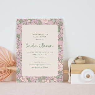 Invitation Fête de bébé thème jardin fleuri vintage rose vert