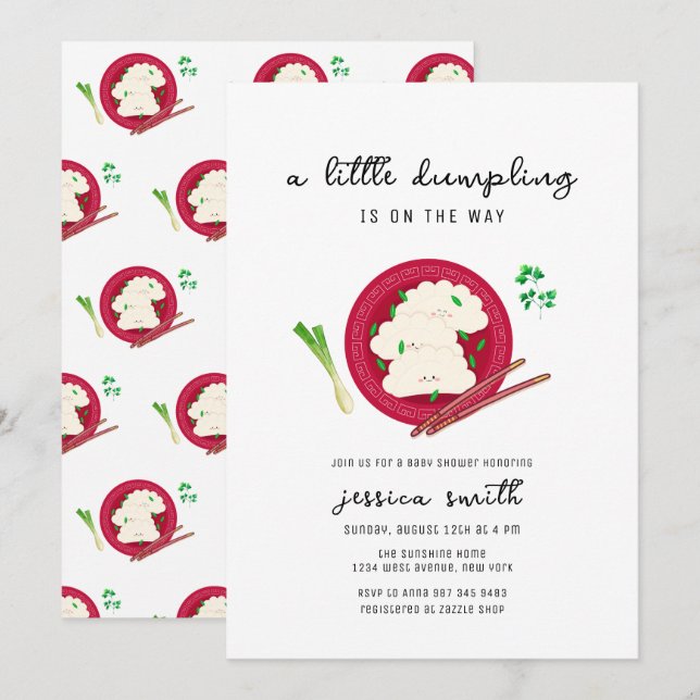 Invitation Fête de bébé thème Kawaii Chinois Dumpling Végétal (Devant / Derrière)