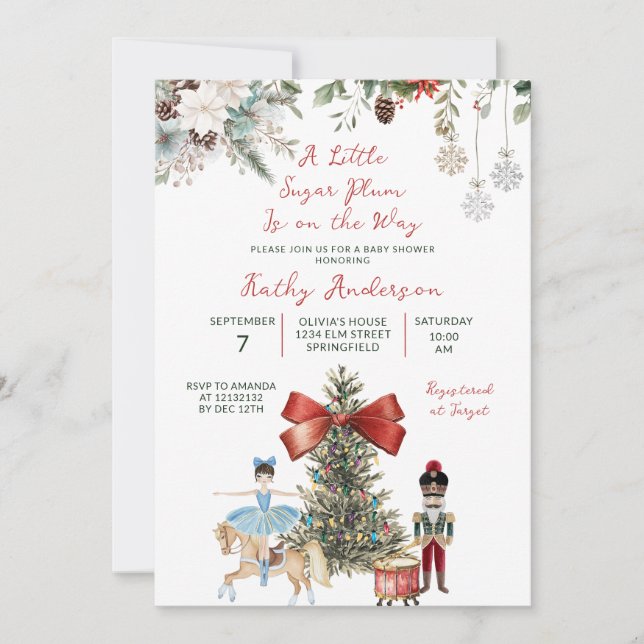 Invitation Fête de bébé thème Noël Casse-Noisette Fleurs d'Hi (Devant)