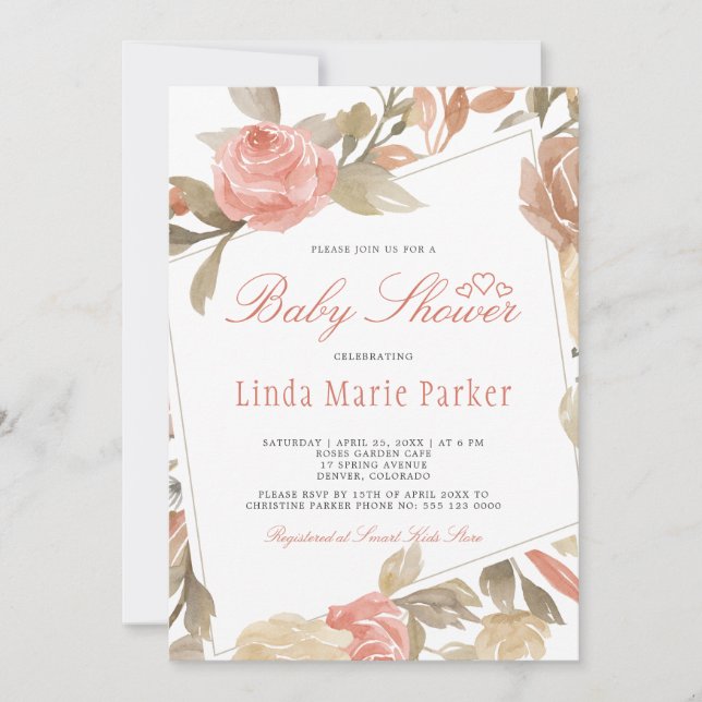Invitation Fête de bébé thème Rose Pêche Crème Florale (Devant)