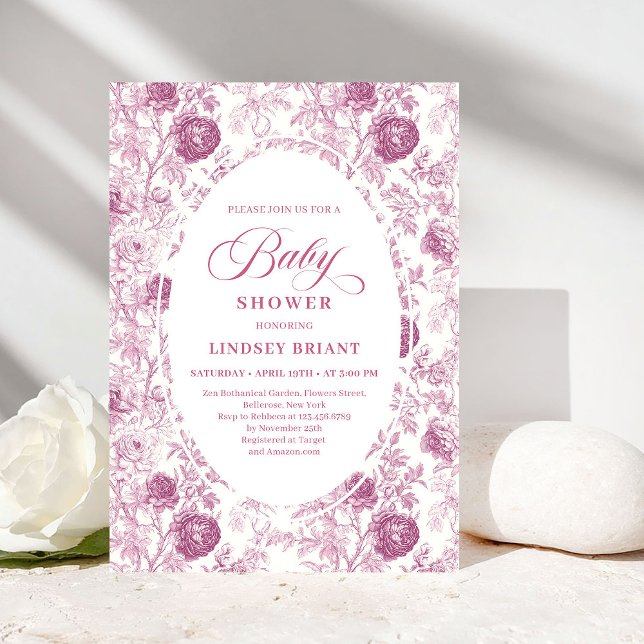 Invitation Fête de bébé Toile de roses roses classiques roses (Classic Pink and White Roses Toile Baby Shower Invite)