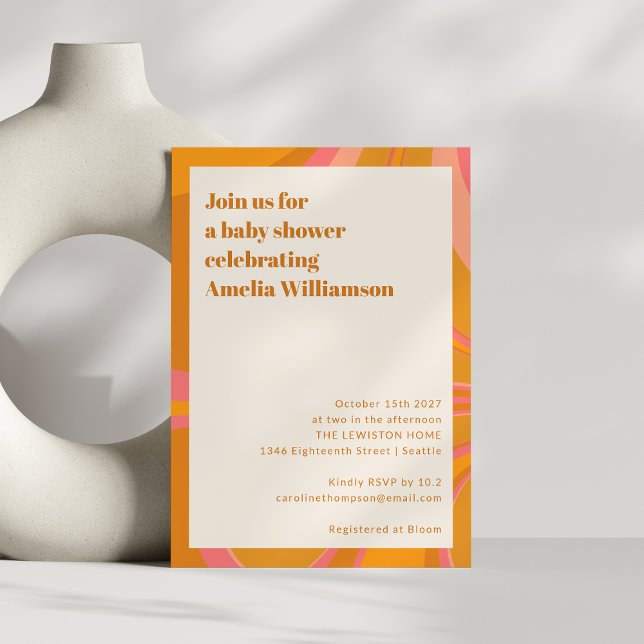 Invitation Fête de Bébé Tourbillon Rétro Rose Orange Gras (Créateur téléchargé)
