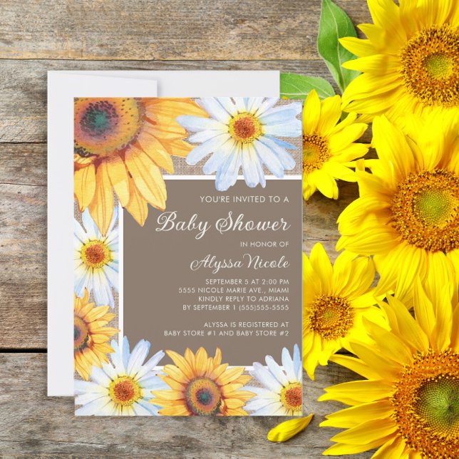 Invitation Fête de bébé tournesols marguerites blanches toile (Sunflowers and daisies rustic baby shower invitation)