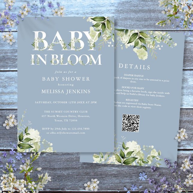 Invitation Fête de bébé tout-en-un Blue Baby In Bloom Greener (Blue Baby In Bloom Greenery All In One Baby Shower Invitation)