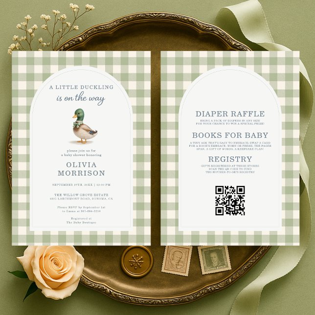Invitation Fête de Bébé Tout en Un Canard Colvert Gingham (Créateur téléchargé)