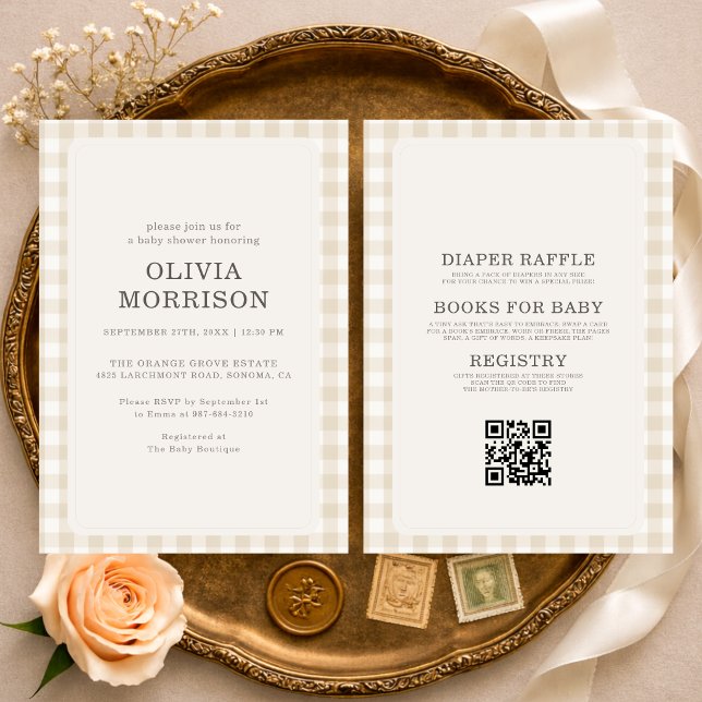 Invitation Fête de bébé tout en un gingham beige (Créateur téléchargé)