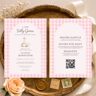 Invitation Fête de Bébé Tout en Un Oie Silly Rose à Carreaux