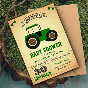 Invitation Fête de bébé tracteur de ferme vert