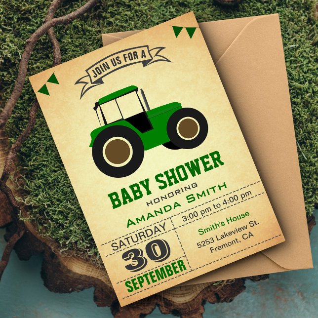 Invitation Fête de bébé tracteur de ferme vert (Créateur téléchargé)