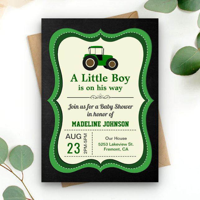 Invitation Fête de bébé tracteur de ferme vert tableau noir (Créateur téléchargé)