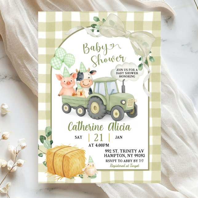 Invitation Fête de bébé tracteur vert à carreaux coquette (Créateur téléchargé)