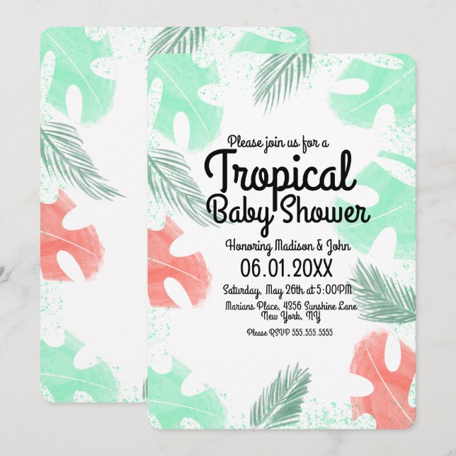 Invitation Fête de bébé tropical aquarelle Monstera Corail (Devant / Derrière)