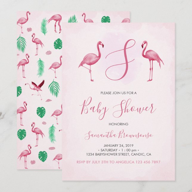 Invitation Fête de bébé tropicale Flamant Rose (Devant / Derrière)