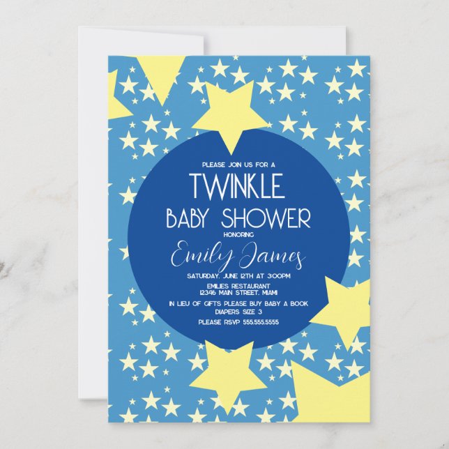 Invitation Fête de bébé Twinkle Étoiles jaunes Fond bleu (Devant)