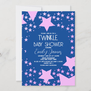 Invitation Fête de Bébé Twinkle Rose Etoiles Fond Bleu