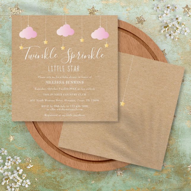 Invitation Fête de bébé Twinkle Rose Pailletée Petite Étoile  (Pink Twinkle Sprinkle Little Star Baby Shower Boho Invitation)