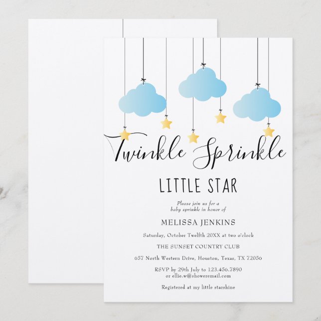 Invitation Fête de bébé Twinkle Sprinkle Bleu Rustique Bohème (Devant / Derrière)