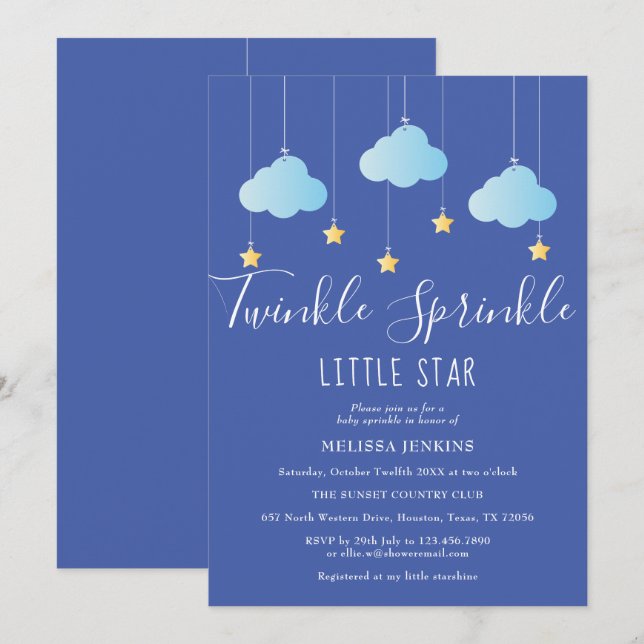 Invitation Fête de bébé Twinkle Sprinkle Little Star Bleu (Devant / Derrière)