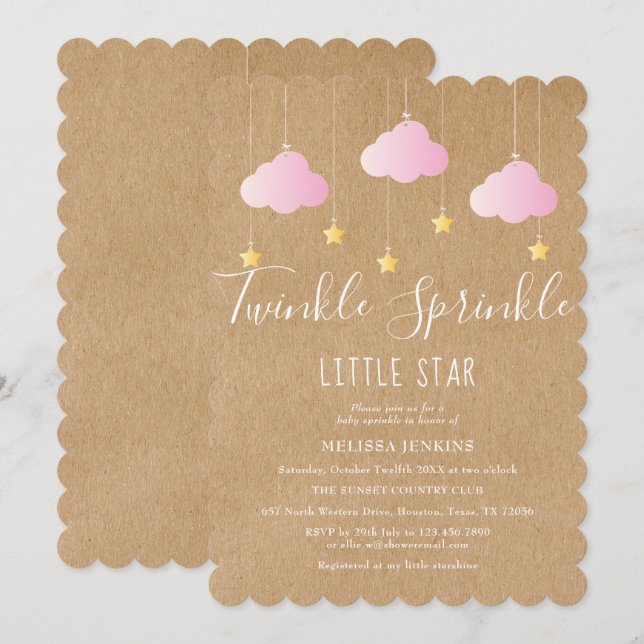 Invitation Fête de Bébé Twinkle Sprinkle Rose Bohème Rustique (Devant / Derrière)