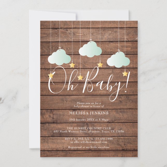 Invitation Fête de Bébé Twinkle Twinkle Bois Rustique (Devant)