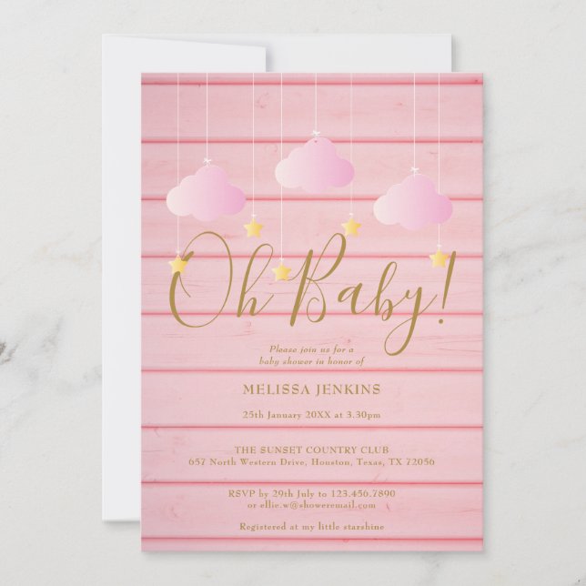 Invitation Fête de Bébé Twinkle Twinkle Oh Bébé Bois Rose (Devant)