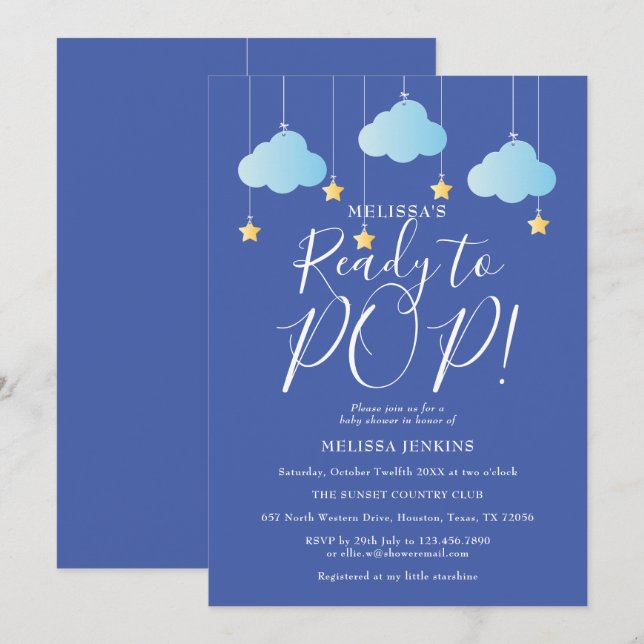 Invitation Fête de bébé Twinkle Twinkle Ready to Pop Bleu (Devant / Derrière)