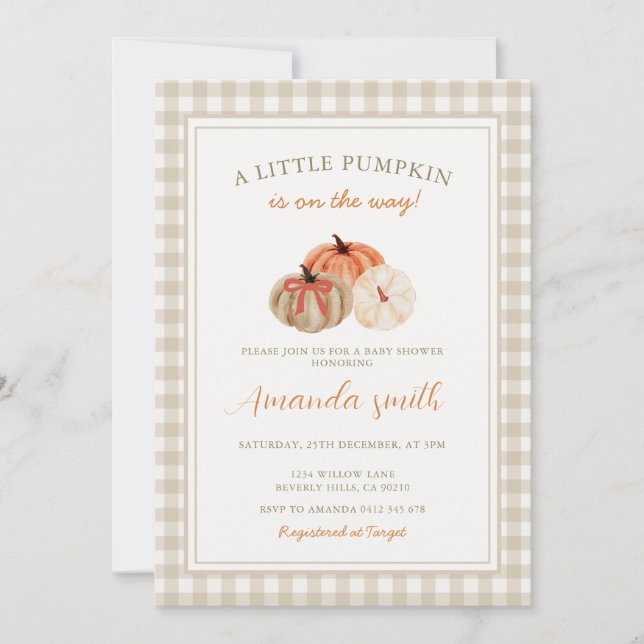Invitation Fête de Bébé : Un Petit Citrouille Moderne Est En  (Devant)