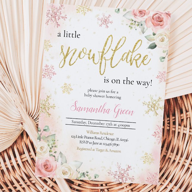 Invitation Fête de bébé "Un Petit Flocon de Neige" Rose  (Créateur téléchargé)