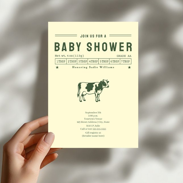 Invitation Fête de bébé vache au beurre vert neutre (Créateur téléchargé)