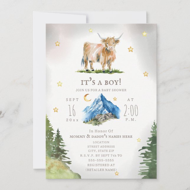 Invitation Fête de Bébé Vache des Highlands Lune Étoiles Mont (Devant)