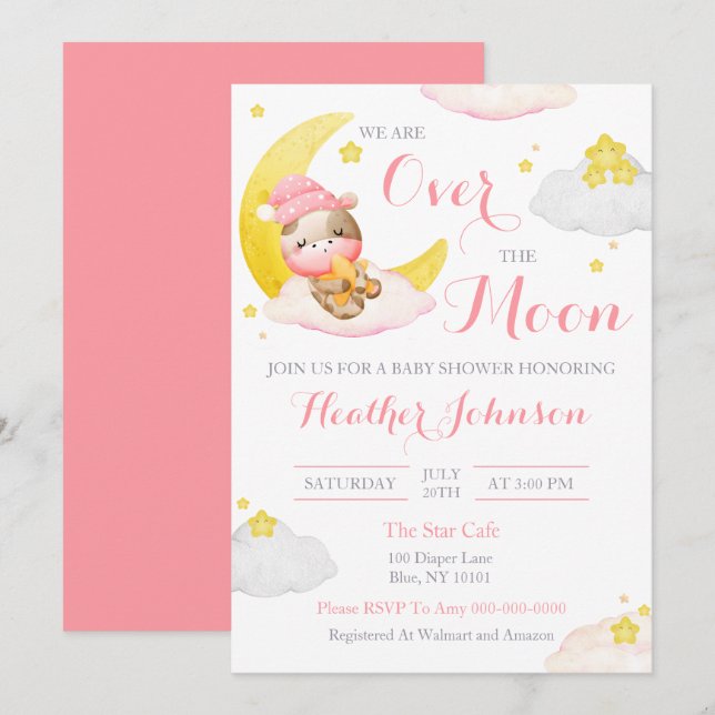 Invitation Fête de Bébé Vache Fille Au-Delà de la Lune (Devant / Derrière)