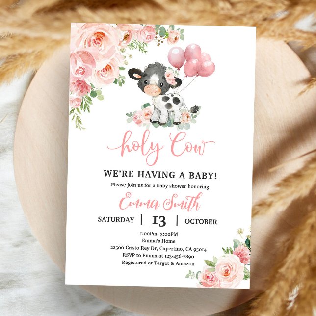 Invitation Fête de bébé vache florale rose dans la cour de la (Créateur téléchargé)