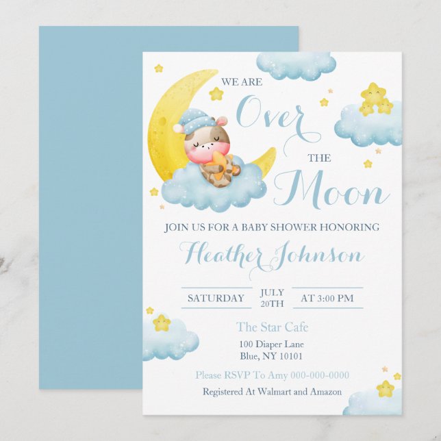 Invitation Fête de Bébé Vache Garçon Au-Delà de la Lune (Devant / Derrière)