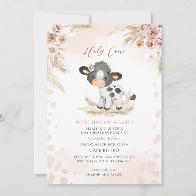Invitation Fête de bébé Vache sacrée florale rose (Devant)