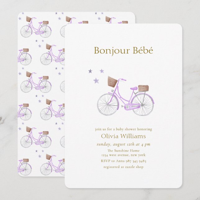 Invitation Fête de bébé vélo étoile bébé Bonjour Bébé Violet (Devant / Derrière)
