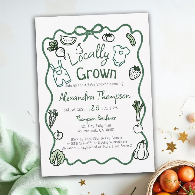 Invitation Fête de Bébé Vêtements à Arc Dessinés à la Main et (locally grown baby shower invitation hand drawn bow frame produce farm fresh green clothes)