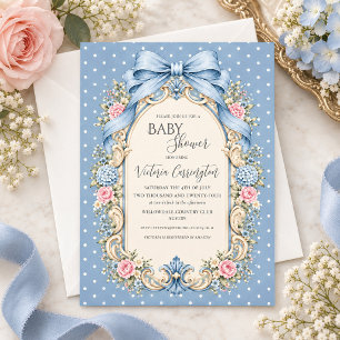 Invitation Fête de bébé vintage florale rose et bleue