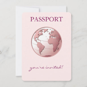 Invitation Fête de Bébé Voyage Passeport Globe Rose