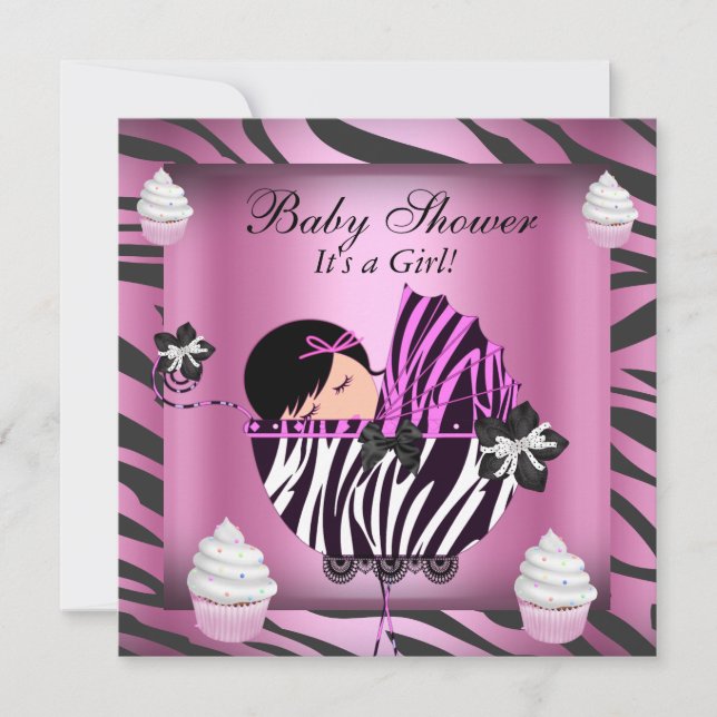 Invitation Fête de bébé Zèbre Bébé Fille Gâteau Rose Cupcake (Devant)