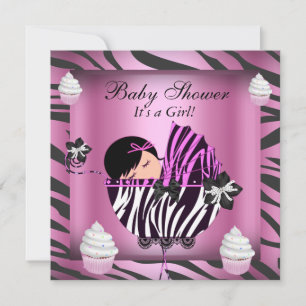 Invitation Fête de bébé Zèbre Bébé Fille Gâteau Rose Cupcake