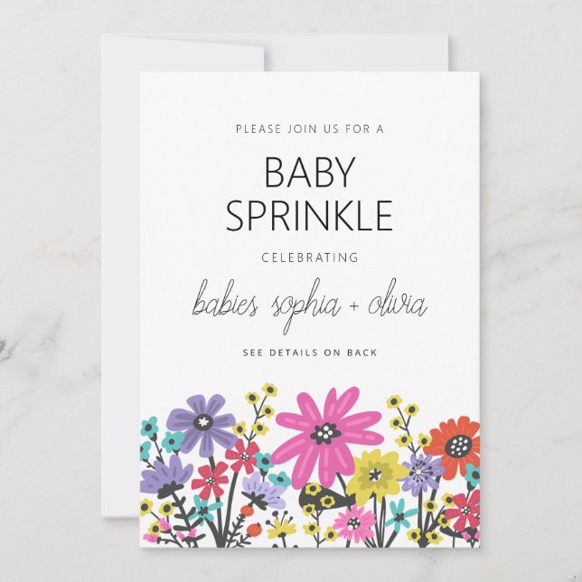 Invitation Fête de bébés jumeaux aux fleurs sauvages Boho mod (Devant)