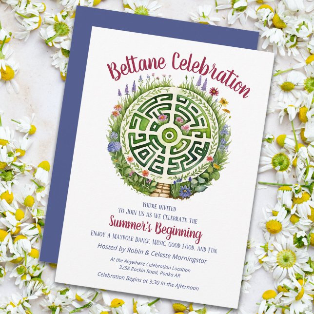 Invitation Fête de Beltane Celtique dans le Jardin Labyrinthi (Beltane Celtic Garden Labyrinth Sabbat Party Invitation by the Pagan Holidays shop)