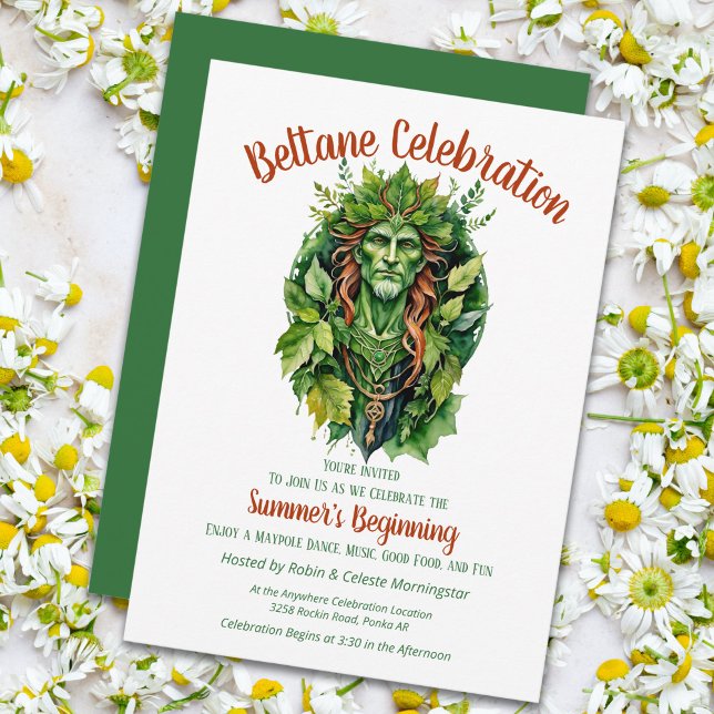 Invitation Fête de Beltane du Dieu Celtique Vert de la Forêt (Beltane Celtic Greenman Forest God Sabbat Party Invitation by Pagan Holidays)