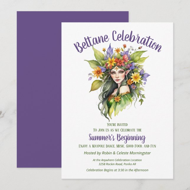 Invitation Fête de Beltane Sabbat Floral Fée d'Été (Devant / Derrière)