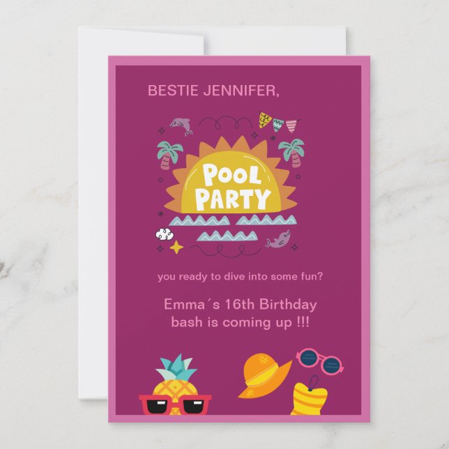 Invitation fête de bestie rose de piscine adolescent (Devant)