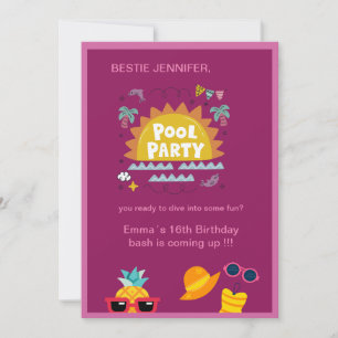 Invitation fête de bestie rose de piscine adolescent